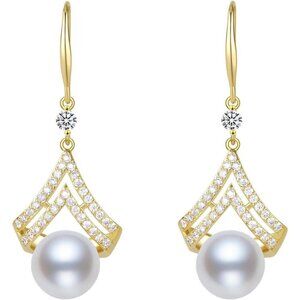 Pearl Drop Earrings for Women 14K Gold Plated Sterling Silver Dainty Dangle Gift